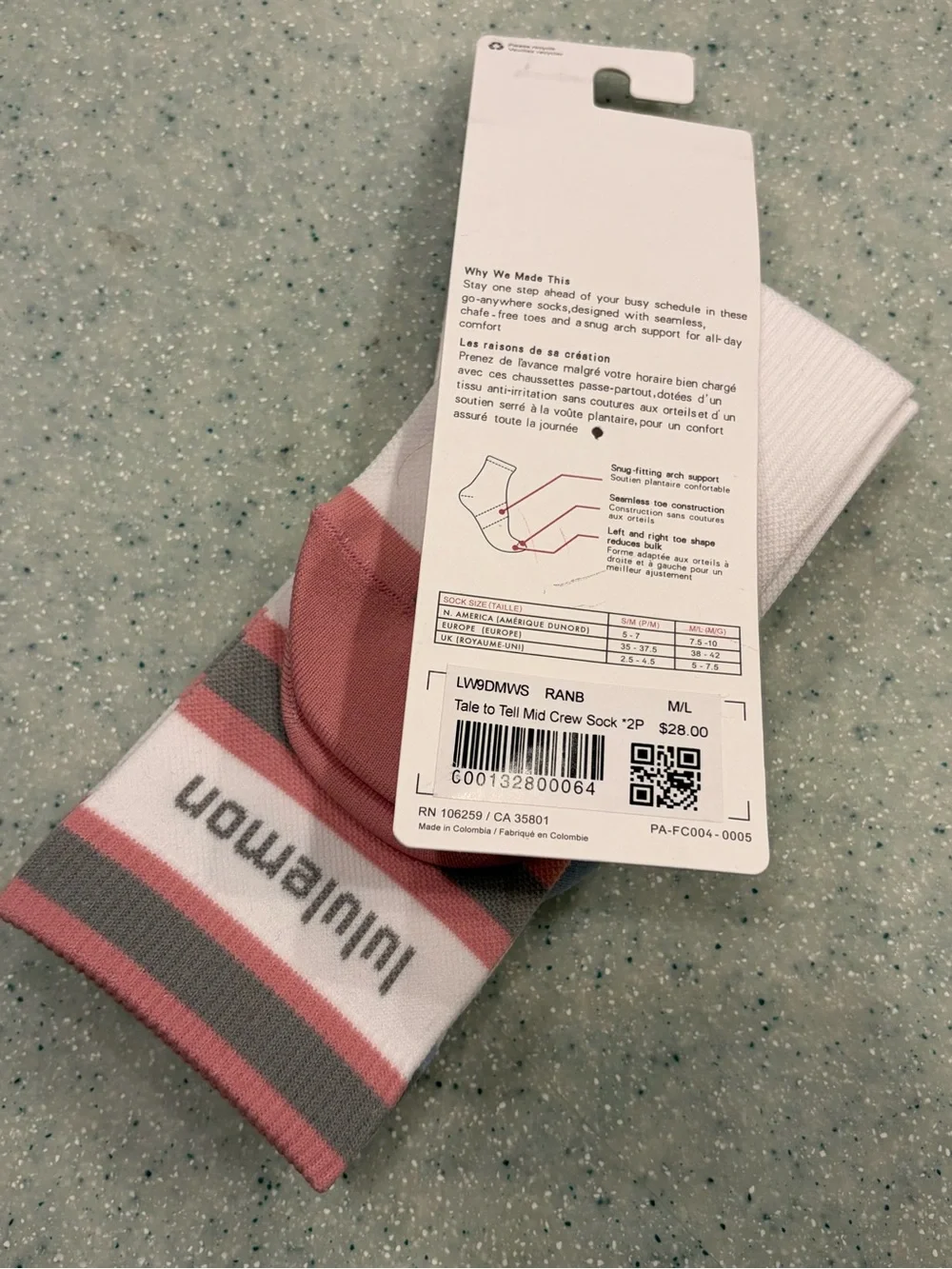 lululemon Tale to Tell Mid Crew Socks - White with Blue, Pink & Gray Stripes